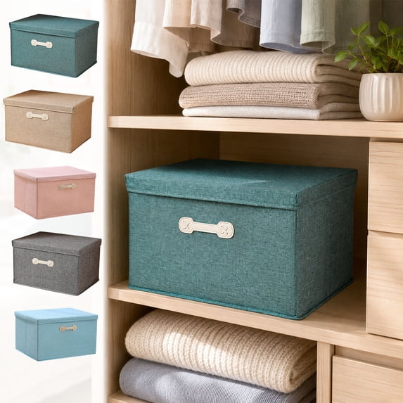 Miwamany Linen Fabric Storage Box with Lid, 18L Foldable Organizer Bin with Handles, Stackable Storage Basket for Closet Bedroom, Durable Clothes Blanket Container (13.78x11.02x7.09in)