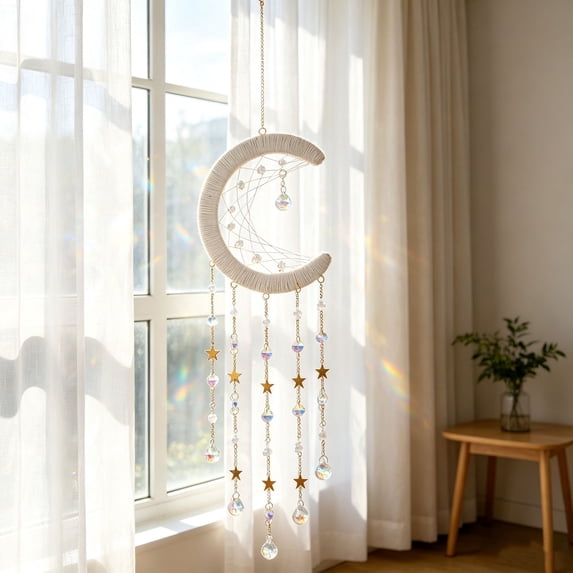 Miwamany Macrame Suncatcher, Hand Woven Crescent Moon Dreamcatcher Wall Hanging with Crystal Prisms, Boho Home Bedroom Window Decoration