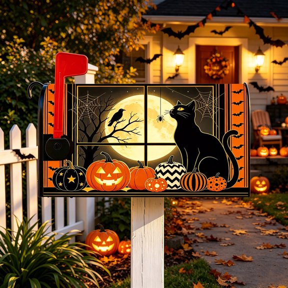 Miwamany Magnetic Waterproof PVC Black Cat Pumpkin Mailbox Wrap, Bat Spider Web Full Moon Printed Mailbox Cover, Foldable Fade Resistant Decor for Standard Metal Yard Mailbox Front Porch