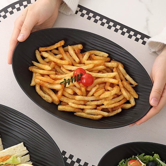 Miwamany Matte Black Oval Deep Dinner Plate, Ribbed Plastic Serving Platter for Western Cuisine, Lightweight Unbreakable Dish for Pasta Salad Soup at Home Kitchen Camping Outdoor (10.63x7.09x1.97in)