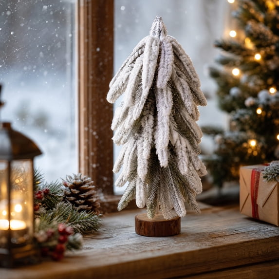 Miwamany Mini Flocked Christmas Tree, 10 inch Tabletop Snowy Cedar for Xmas Decor, Winter Holiday Centerpiece for Mantel Shelf Home, Small Pre-lit Ornament