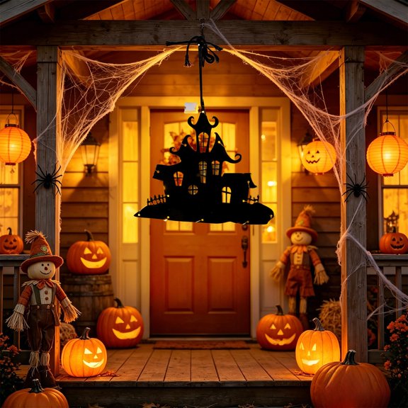 Miwamany Multi-Size Acrylic LED Window Pendant Light 1PC Warm Yellow Glow Hanging Lamp with Rope, Battery Powered Spooky Decor for Shop Window Door Tree Indoor Outdoor Party