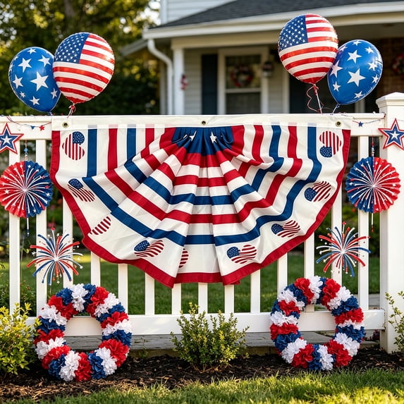 Miwamany Patriotic Pleated Fan Flag Banner,4th of July Decorations for Outdoor Porch & Railing, Red White & Blue Decor for 4th of July, Memorial Day, Independence Day Decorations
