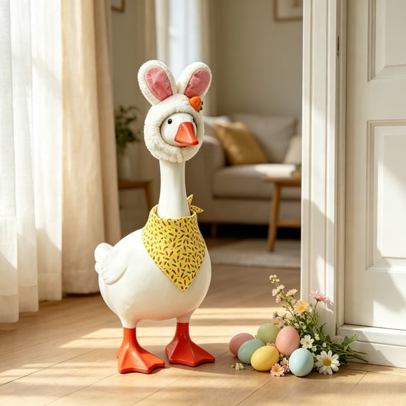 Miwamany Porch Goose Coat Easter Decoration Set, Bunny Ear Hat with Carrot and Printed Bandana, Festival Clothing for Big White Goose Statue Outdoor Yard