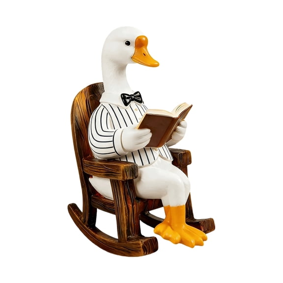 Miwamany Reading Duck Resin Figurine, Cute Bird Sitting on Rocking Chair Statue Tabletop Ornament, Hand Painted Animal Sculpture for Home Desk Bookshelf Decor Gift
