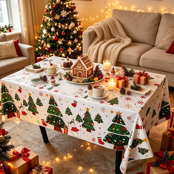 Miwamany Rectangular Plastic Christmas Tablecloth, Waterproof Xmas Tree Snowman Table Cover for Holiday Dinner Party, Home Kitchen Decor, 54x108 inch
