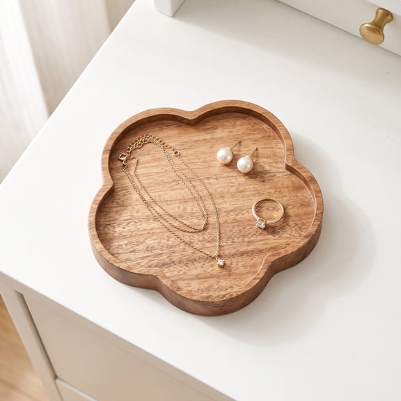 Miwamany Small Wooden Tray Platter, Round Solid Wood Serving Plate for Snacks Fruit, Decorative Catchall Organizer for Living Room Coffee Table Tea Room Vanity