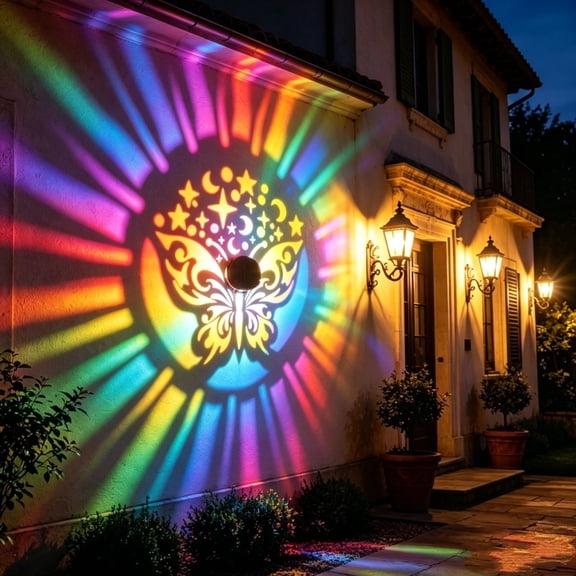 Miwamany Solar Butterfly Wall Light Outdoor, Multicolor Changing Metal Projection Light, Waterproof Garden Fence Decor for Yard Patio Backyard, Fall Decor