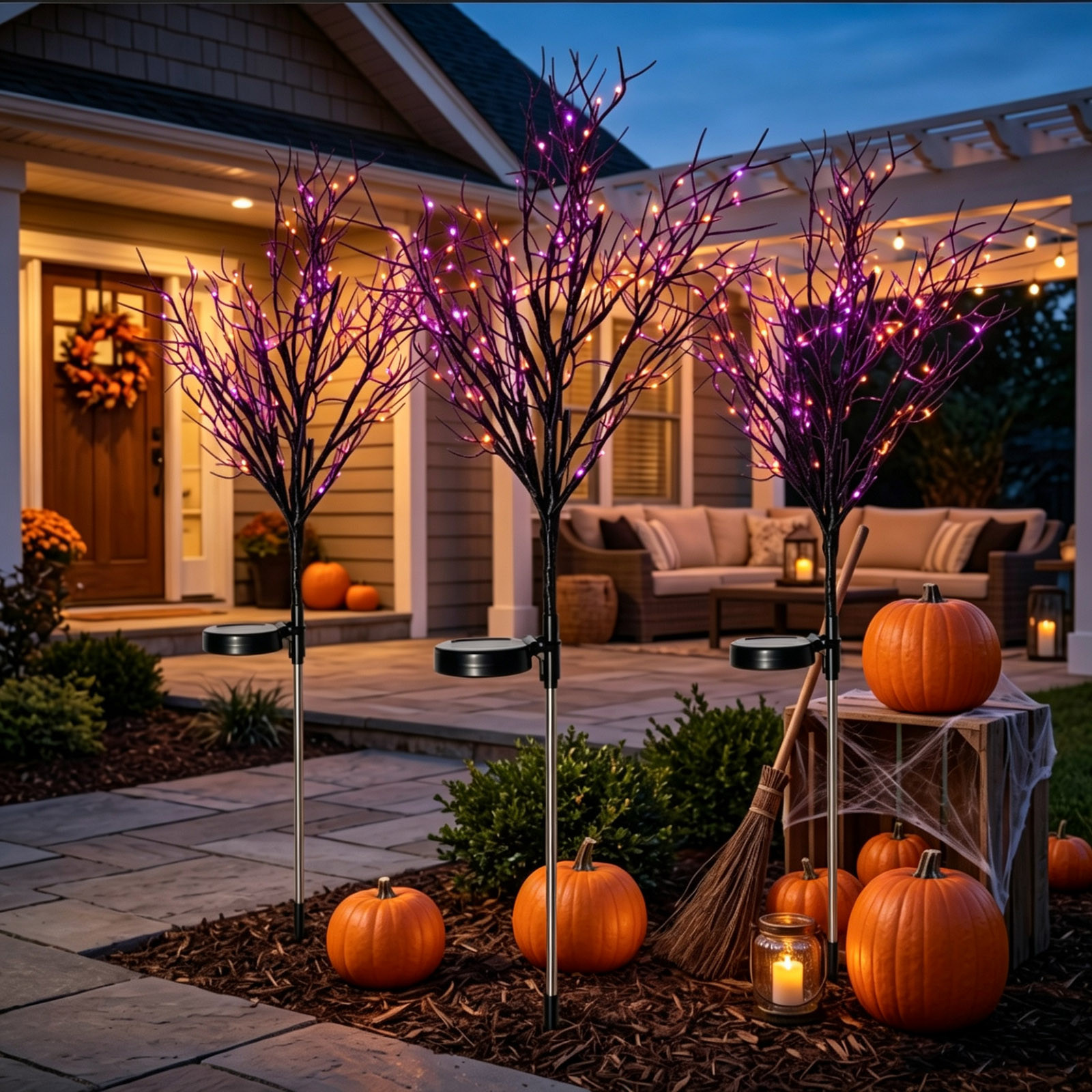 Miwamany Solar Powered Twig Lights, Halloween Artificial Branch LED Decor, Glowing Outdoor Pathway Bush Lamp for Yard Garden Lawn, Spooky Accent