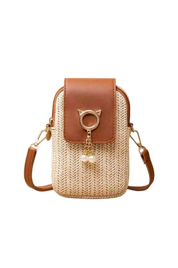 Straw Woven Crossbody Phone Bag with Cat Shape, Cute Mini Rattan Purse with Adjustable Strap, Lightweight Boho Handbag for Women Summer Beach Travel Daily Outfit