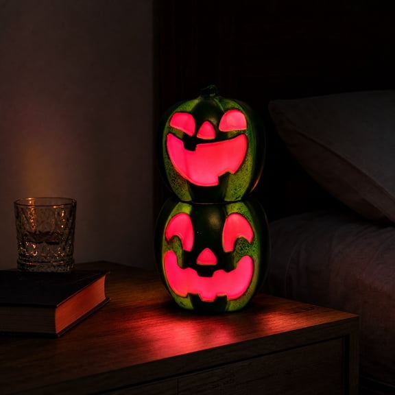 Miwamany Summerween Stacked Pumpkin Decorative Light with Battery Operated Glow, Green Rind Carved Face Spooky Cute Tabletop Centerpiece for Backyard Pool Patio Party Summer Halloween Decor