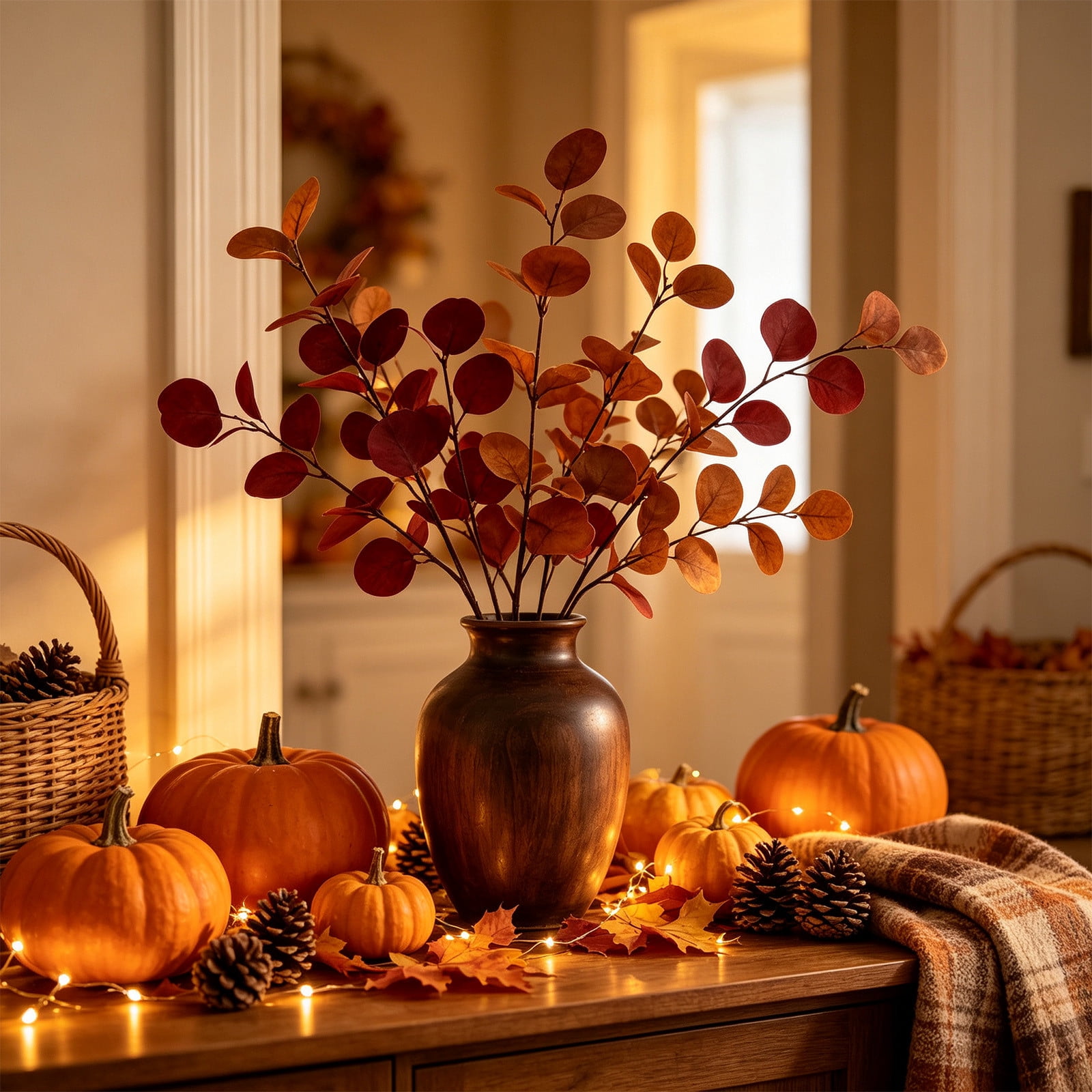 Miwamany Thanksgiving Artificial Eucalyptus Branch, 3-Prong Green ...