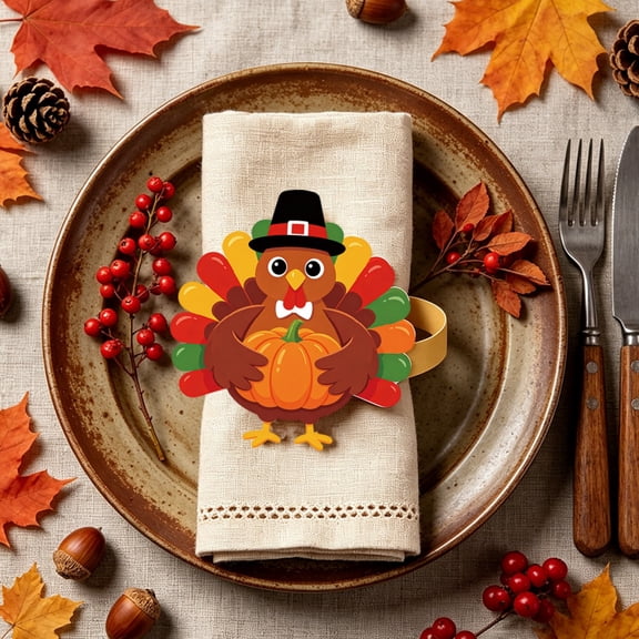 Miwamany Thanksgiving tableware 4-Piece Turkey Paper Napkin Rings Set, Fall Harvest Table Setting Supplies, Festive Party Dinner Decoration for Dining Table