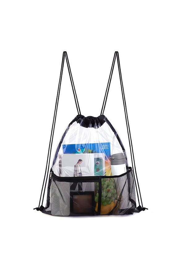 Transparent Waterproof Drawstring Backpack,Heavy Duty PVC Stadium Clear Bag with Mesh Side Pockets for Sports Events,Concerts,Beach,and Travel Security Check