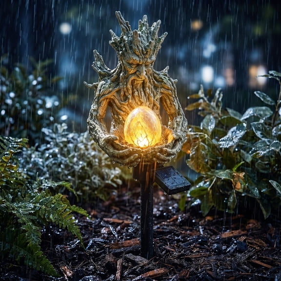 Miwamany Tree Spirit Solar Garden Stake Light, Resin Tree Figurine with Crackle Glass Egg, Warm White LED Outdoor Waterproof Decorative Lamp for Patio Lawn Yard Pathway Decor