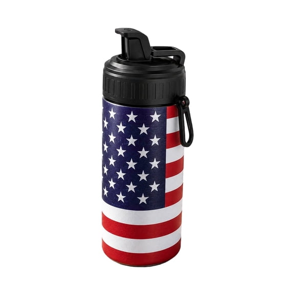 Miwamany USA Flag Insulated Water Bottle Stainless Steel Double Wall Vacuum Sports Water Bottle with Flip Top Spout Lid Carabiner Patriotic Cup