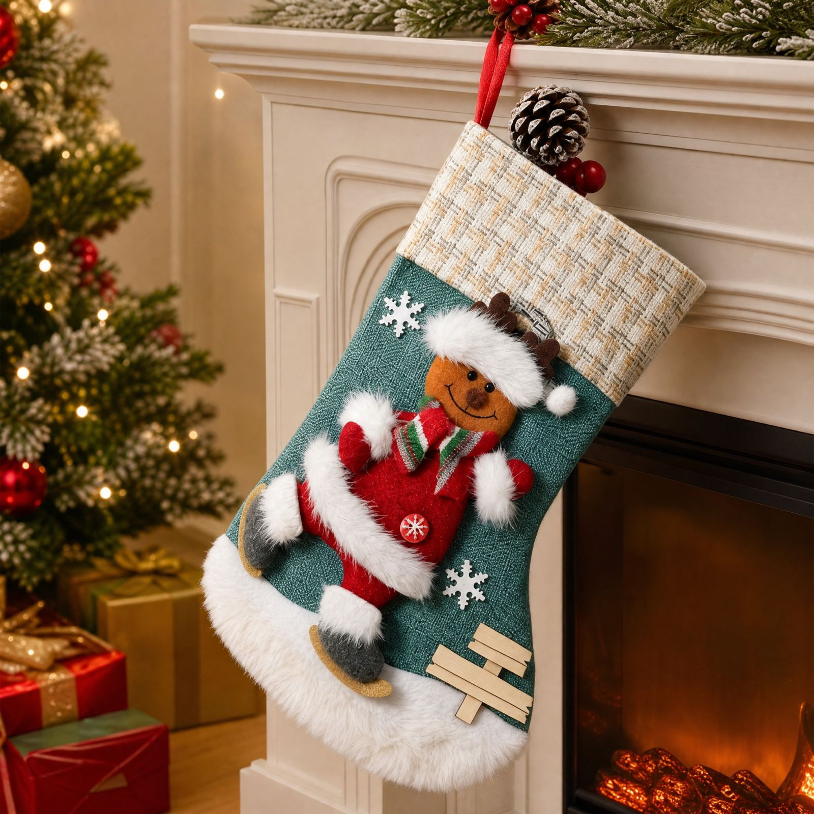 Miwamany Velvet 3D Cartoon Christmas Stocking Flannel Gift Bag Hanging Ornament for Tree Fireplace Holiday Decor Indoor Winter Festive