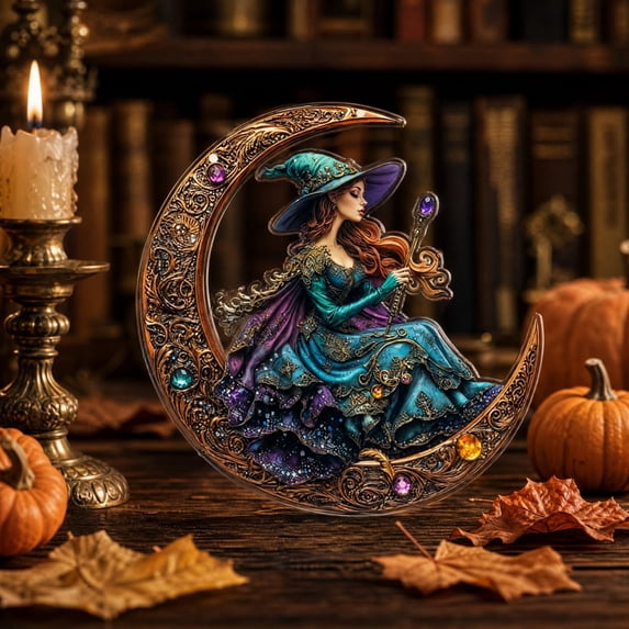 Miwamany Vintage Crescent Witch Hanging Ornament, Acrylic Decorative Sign, Halloween Wall Window Party Decor for Home Indoor Spooky Display