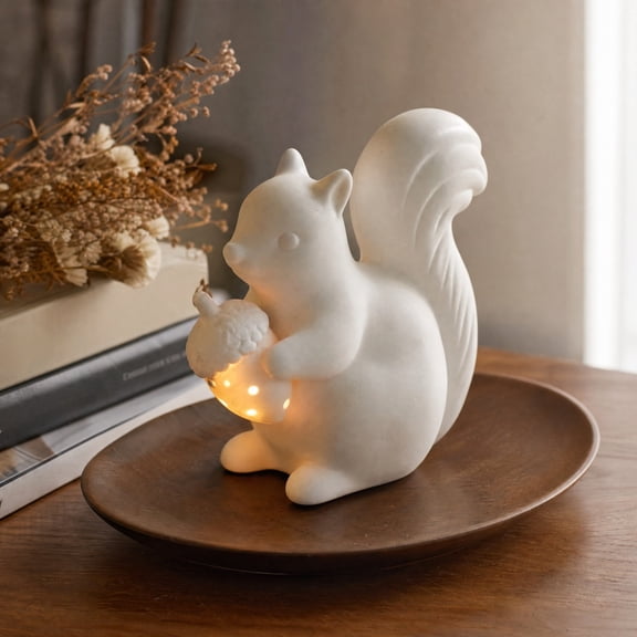 Miwamany White Ceramic Squirrel Acorn LED Night Light, Warm Glow Battery Operated Animal Figurine Lamp, Whimsical Fall Thanksgiving Reusable Ornament for Bedroom Mantel Shelf