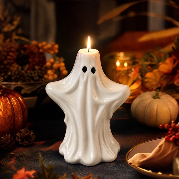Miwamany White Ghost Ceramic Candlestick, Cut Out Spooky Figurine Candle Holder, Halloween Tabletop Ornament for Mantel Shelf Dining Home Decor