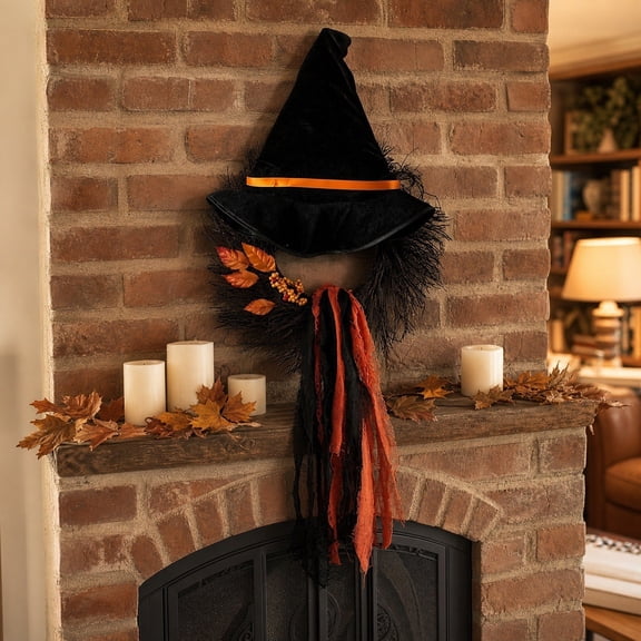 Miwamany Witch Hat Rattan Wreath with Black Ribbon, Gothic Halloween Decorative Hanging Ornament for Front Door Wall Porch Home Party Indoor Spooky Ambiance Decor