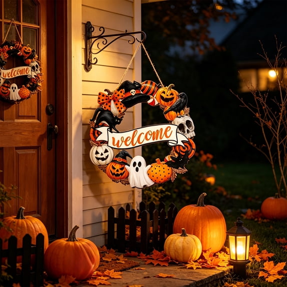 Miwamany Wooden Halloween Welcome Sign, Front Door Wall Hanging Plaque, Rustic Spooky Decor for Home Courtyard Entryway Porch Party Decoration