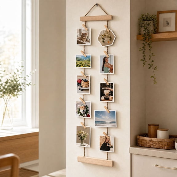 Miwamany Wooden Photo Wall Hanger, Jute Rope Picture Display with Clips, Wall Mount Photo Holders for Bedroom Living Room Dorm Home Decor