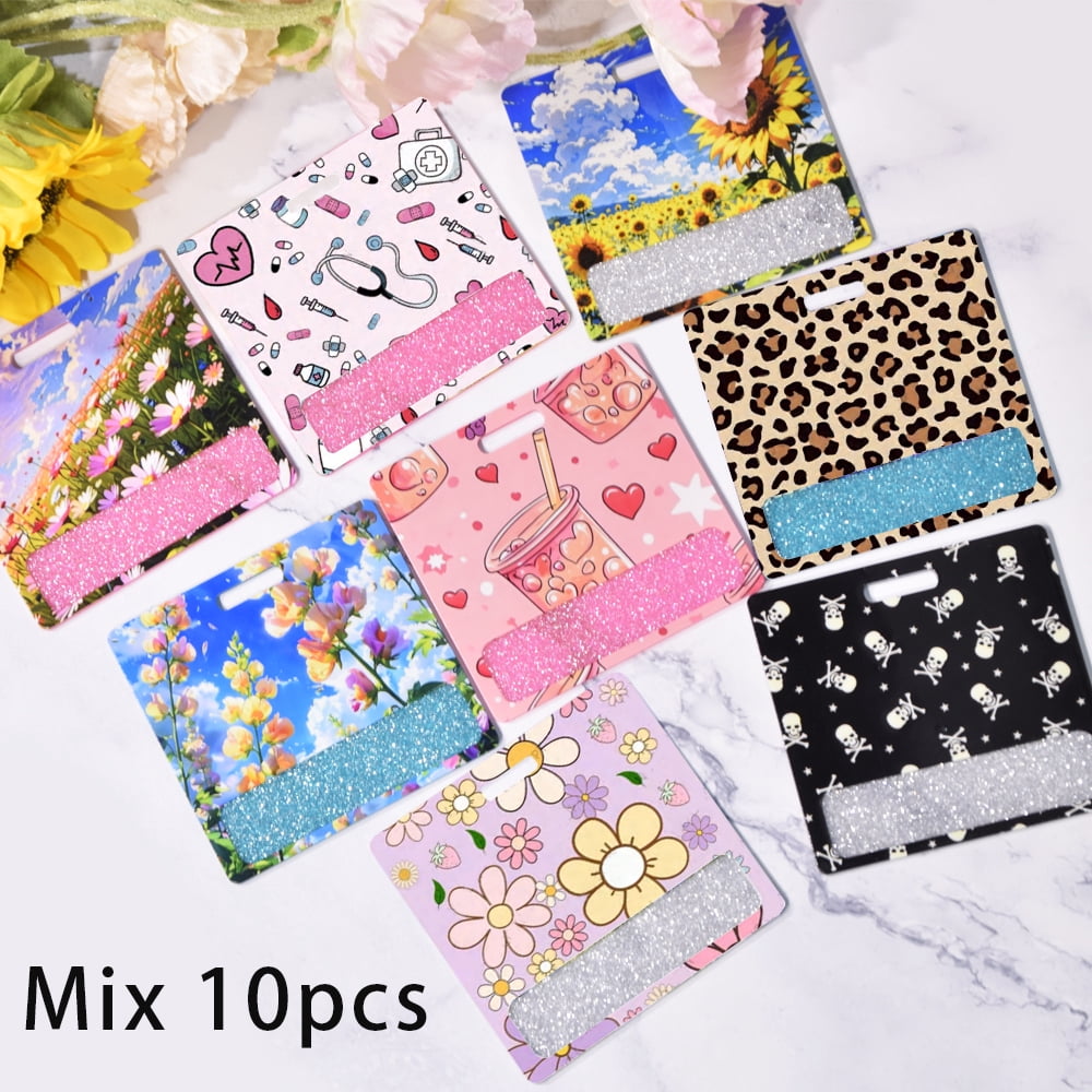 Mix 10pcs Glitter Acrylic Printed Badge Mixing Different Styles of Printed Patterns Name Tag Badge Id Holder Sprinkle Badge Buddy For DIY handicrafts