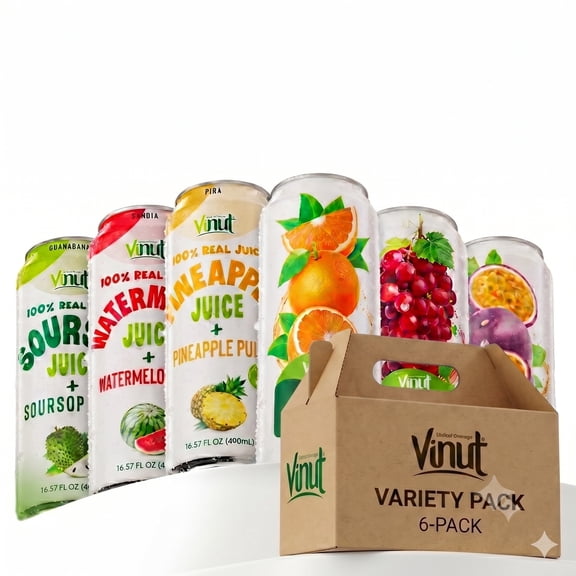 Vinut Discovery Box: Red Grape, Passionfruit, Orange (Pulp-Free) + Soursop, Watermelon, Pineapple (with Pulp), 6-Flavor Juice Variety Pack