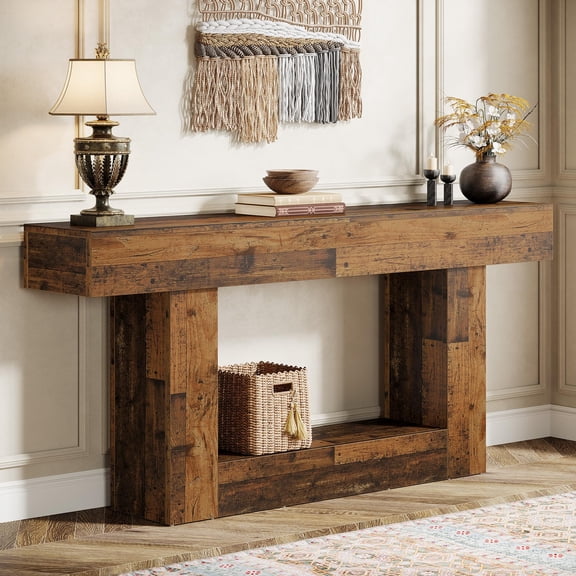 Mix Brown Tribesigns 63 Rustic Brown Farmhouse Console Table, U-Shaped
