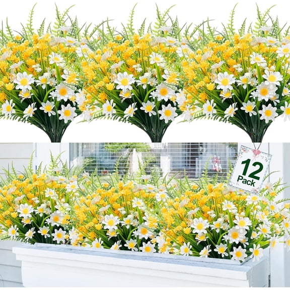 Mix Color Artificial Flowers for Outdoors, UV Resistant Fake Flowers Artificial Plants Outdoor No Fade Shrubs Daisy Plastic Fern Cemetery Flowers Home Porch Outside Summer Decor