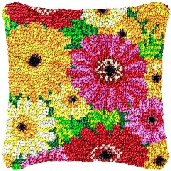 Mix Daisy Latch Hook Kits Pillow Cover DIY Rug Making Crochet Hook Cushion Making Kits with Preprinted Pattern Canvas DIY Needlework Crochet Kits Sofa Decor 43x43cm