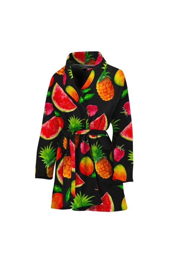 Mix Fruit Pineapple Pattern Women Bathrobe One Size Univeral Fits Fashion Lightweight Plush Fleece Long Robe For Women