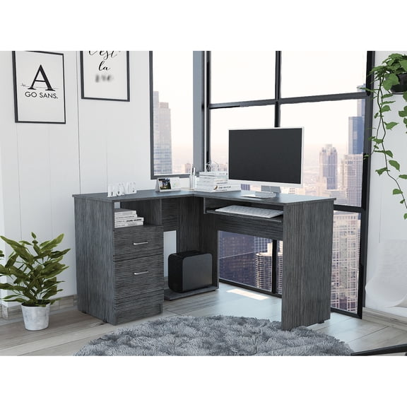 Mix L-Shaped Desk, Drawers, Smoke Grey Finish / Sturdy Design, Against Wall Use