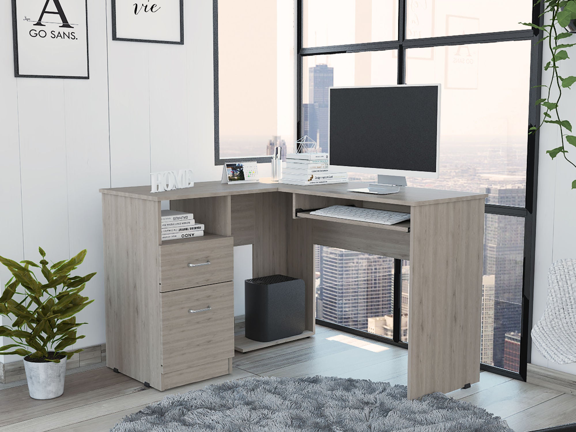 Mix LShaped Desk; Keyboard Tray; Two Drawers; Single Open Shelf Light