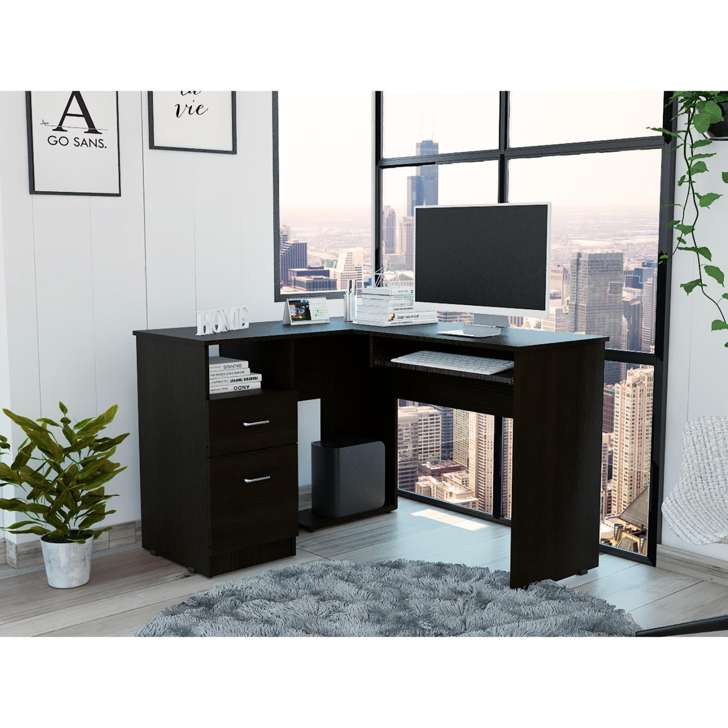 TUHOME L-Shaped Desk with Keyboard Tray, Two Drawers, Single Open Shelf in Black