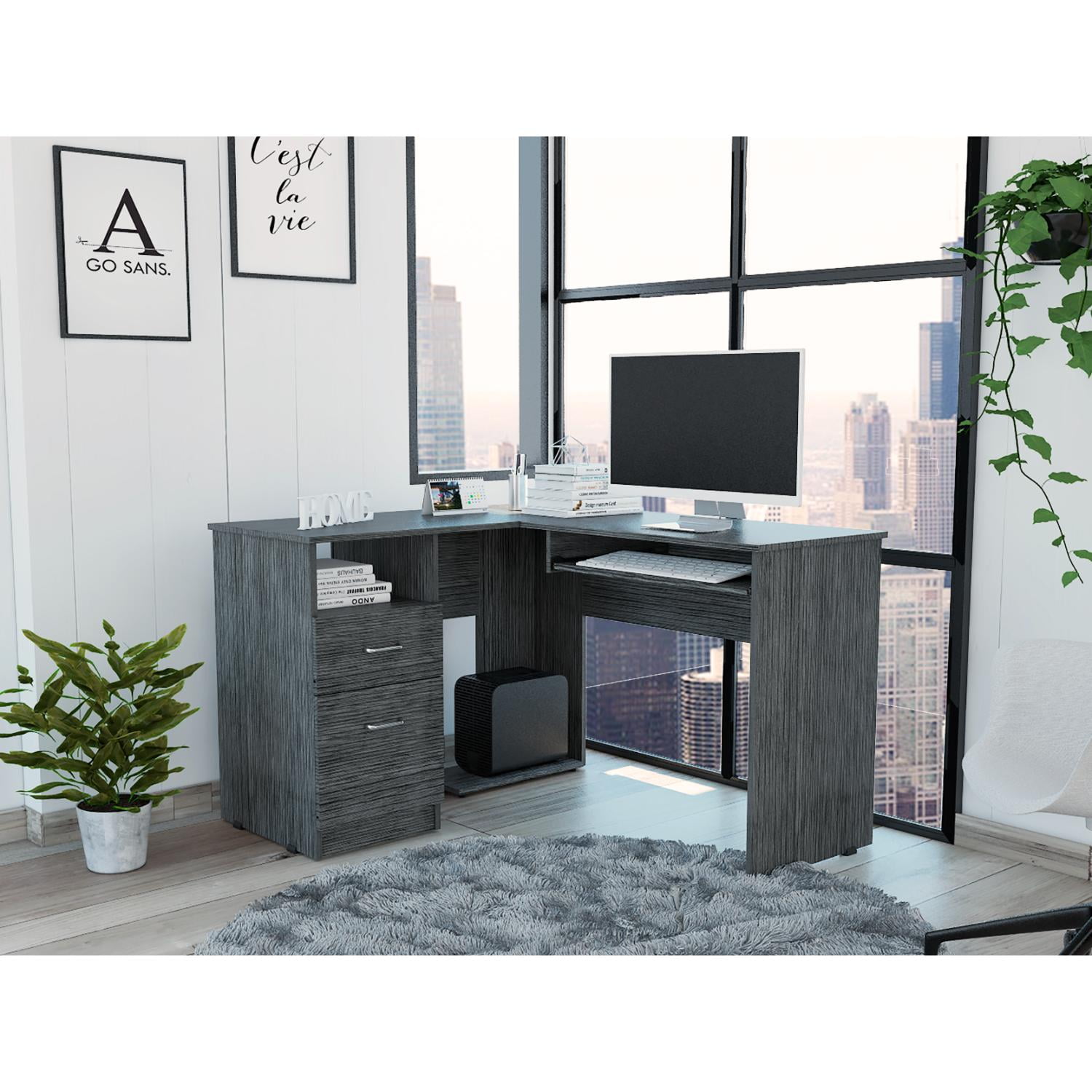 Mix L-Shaped Desk, Keyboard Tray, Two Drawers, Single Open Shelf Smokey Oak