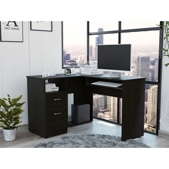 Mix L-shaped Desk, Black, With Keyboard Tray And Two Convenient Drawers, 45.82 In Depth, 41.86 Width, 93.53 Lb Black Study Desk Tray, Drawers & Open Shelf