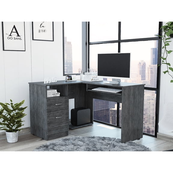 Mix L-shaped Desk Featuring Keyboard Tray And Two Drawers, Oak Open Shelf, Gray Particle Board, 46.31" Depth, 40.6" Width, 92.8 Lb Weight 40.6 In Weight, 99.2 Package
