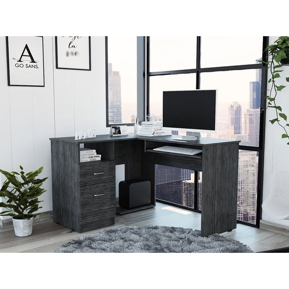 Mix L-shaped Desk Including Two Drawers, Keyboard Tray And Oak Shelf, Gray Particle Board, 46.81 In Depth, 99.2 Lb Package Weight With Tray, Drawers Open Shelf Oak, Depth X 41.04 Width Height