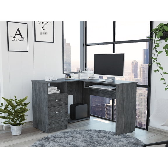 Mix L-shaped Desk With Keyboard Tray And Two Drawers, Oak Shelf, Gray Particle Board, 40.32 In Width, 99.2 Lb Package Weight Including 45.98 Depth X Width Height