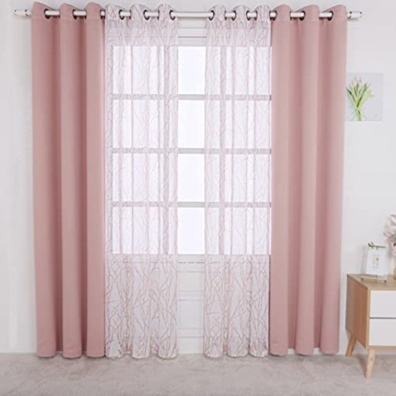 Mix and Match Curtains - 2 Pieces Branch Print Sheer Curtains and 2 Pieces Blackout Curtains for Bedroom Living Room Grommet Window Drapes 37x84 Inch/Panel Blush Set of 4 Panels