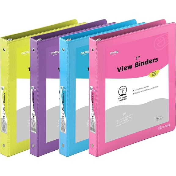 enday 3-Ring View Binder, O-Ring, Assorted Colors, 1 Inch, Pack of 4