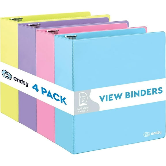 enday 3-Ring View Binder, Slant D-Ring, Assorted Colors, 3 Inch, Pack of 4