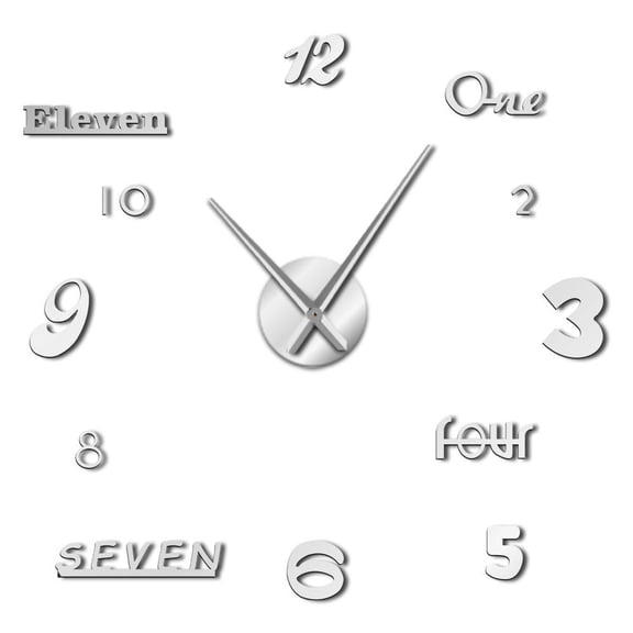 Mix Numbers Frameless Wall Clock Stickers, DIY Modern Decorative Clocks for Living Room, Bedroom, Office - Easy to Install, Large 3D Clock Design (Silver,37in)