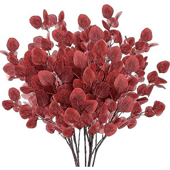 MixMart 6 Pcs Fall Artificial Eucalyptus Stems Long Silver Dollar Leaves Silk Eucalyptus Leaf Branches for Indoor Home Autumn Festival Thanksgiving Decor(Dark Brown)