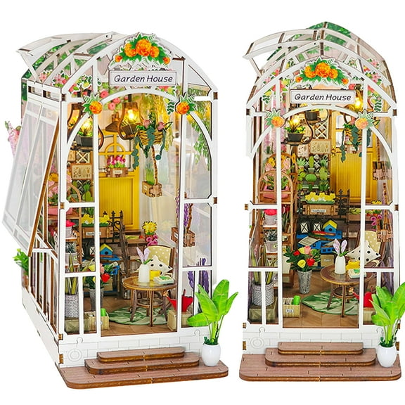 MixMart Book Nook Kit Diy Miniature House, Wooden Bookshelf Garden Miniature Kit With Led Light Decorative Bookends, Best Birthday And Christmas Gifts For Women And Girls (Garden House)