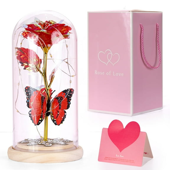 MixMart Red Galaxy Rose Gifts Artificial Flower Rose Gift with Led Colorful Lights Crystal Flowers Light up Rose in Glass Dome for Women Mom Birthday Present