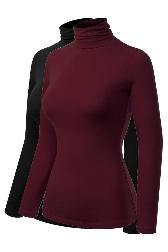 Women's 2-Pack Basic Long Sleeve High Turtle Neck Slim Fit Top Shirt