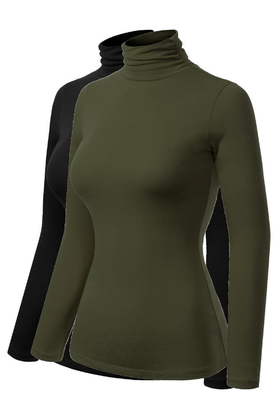 Women's 2-Pack Basic Long Sleeve High Turtle Neck Slim Fit Top Shirt